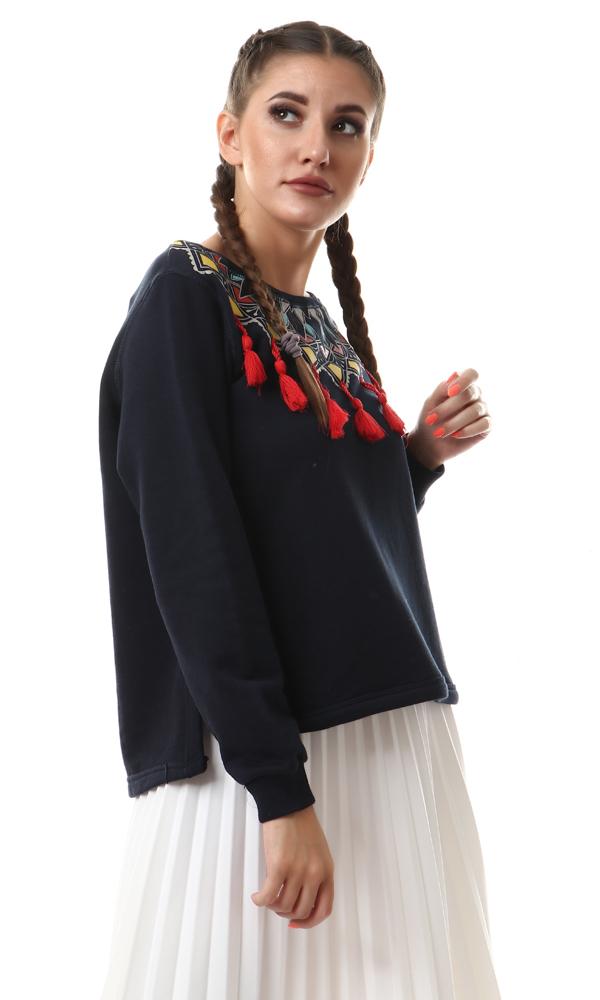 55584 Colorful Print With Drop Tassls Navy Blue Sweatshirt - Ravin 