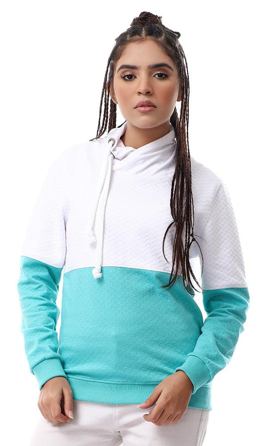 55588 Bi-Tone Patterned High Neck Sweatshirt - White & Medium Aquamarine - Ravin 