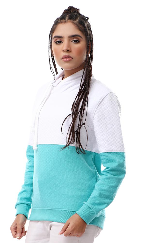 55588 Bi-Tone Patterned High Neck Sweatshirt - White & Medium Aquamarine - Ravin 