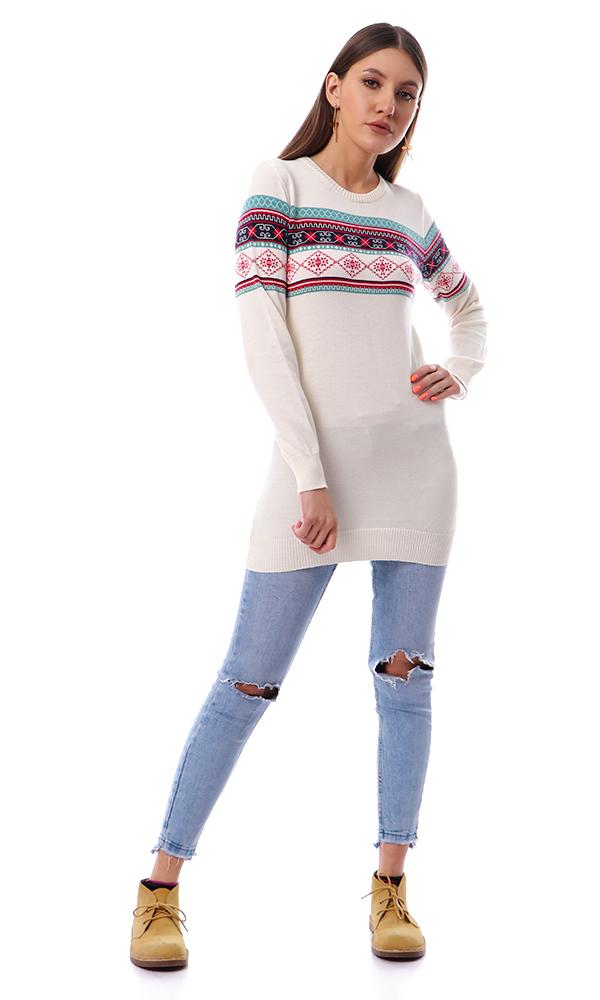 55784 Chest Winter Pattern Off-White Long Pullover - Ravin 