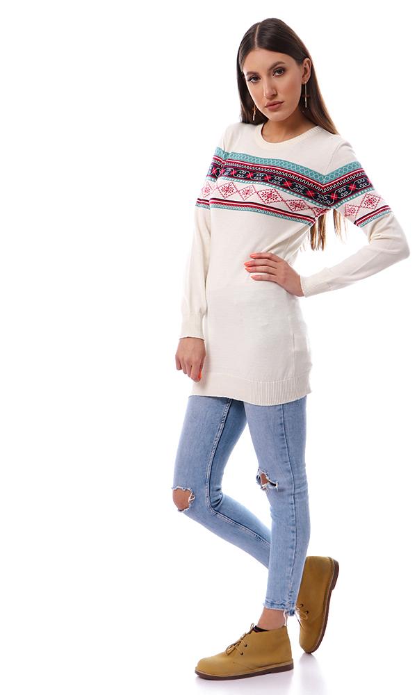 55784 Chest Winter Pattern Off-White Long Pullover - Ravin 