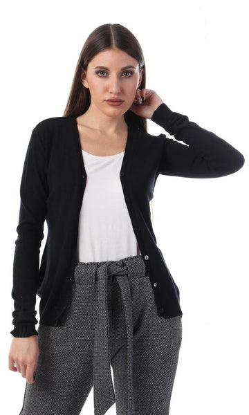 55861 Plain Buttoned Full Sleeves Cardigan - Black - Ravin 