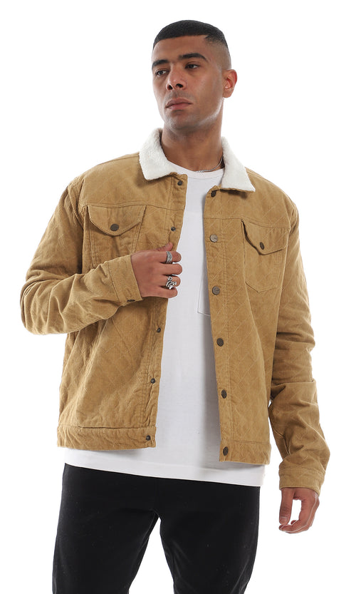 55866 Fur Collar Corduroy Buttoned Camel Jacket