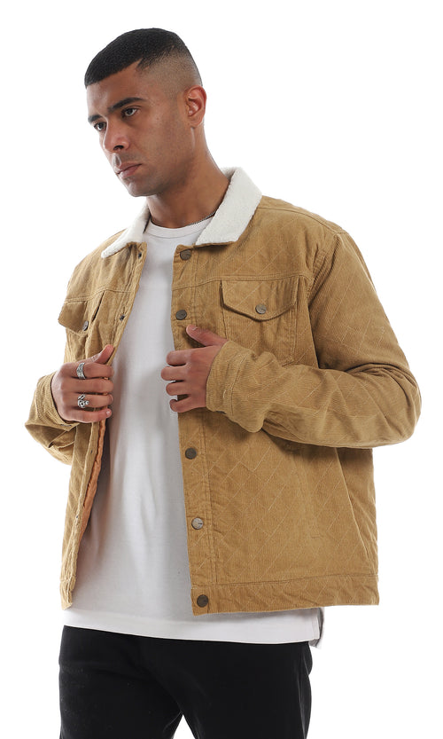 55866 Fur Collar Corduroy Buttoned Camel Jacket