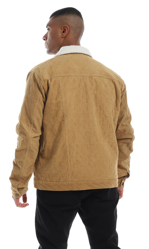 55866 Fur Collar Corduroy Buttoned Camel Jacket