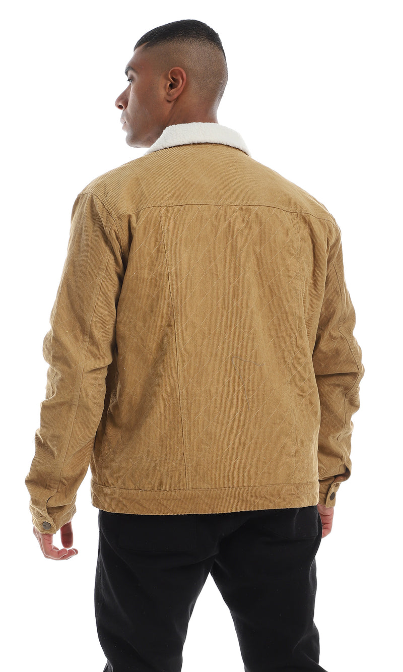 55866 Fur Collar Corduroy Buttoned Camel Jacket