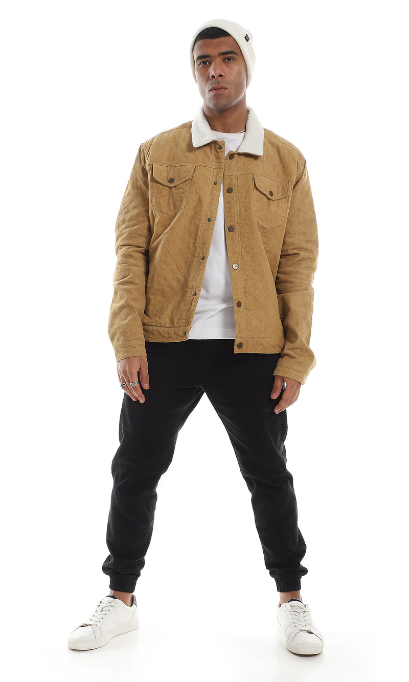 55866 Fur Collar Corduroy Buttoned Camel Jacket