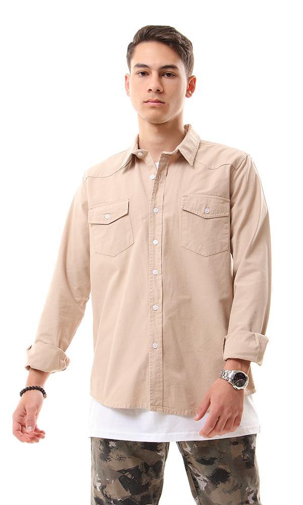 56013 Front Patch Pockets Beige Long Sleeve Shirt - Ravin 