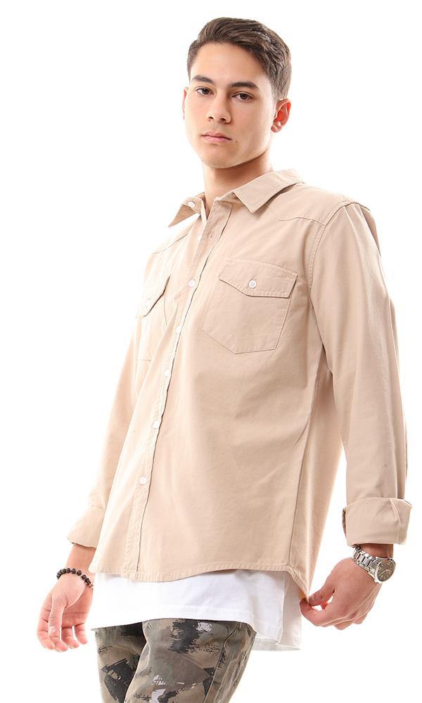 56013 Front Patch Pockets Beige Long Sleeve Shirt - Ravin 