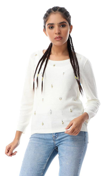 56036 Self Knitted With Crystals Off-White Light Pullover - Ravin 