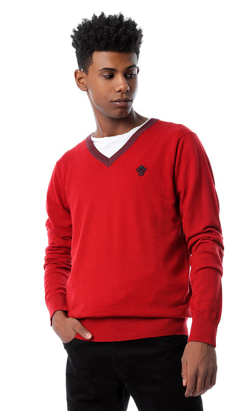 56244 Patch Sleeves V-Neck Red Pullover