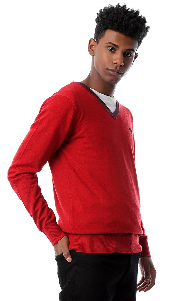 56244 Patch Sleeves V-Neck Red Pullover