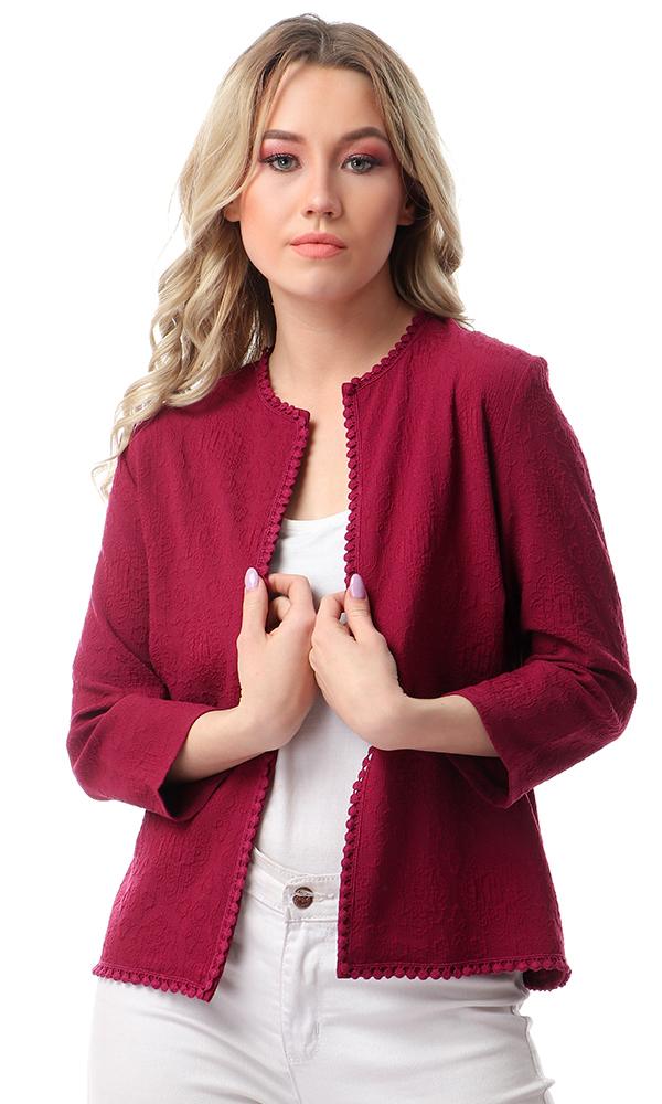 56307 Self Patterned Long Sleeves Cardigan - Dark Magenta - Ravin 