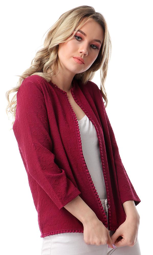 56307 Self Patterned Long Sleeves Cardigan - Dark Magenta - Ravin 