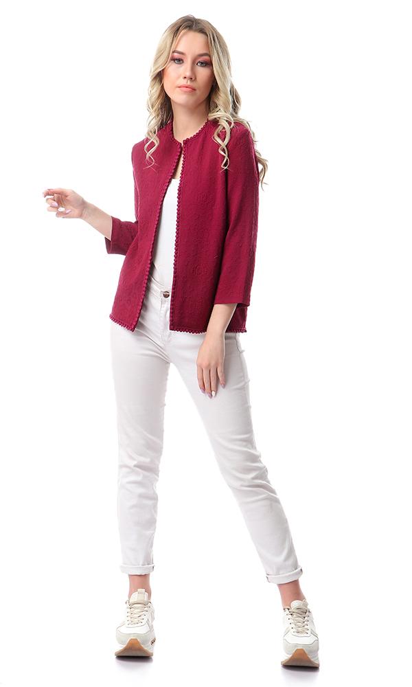 56307 Self Patterned Long Sleeves Cardigan - Dark Magenta - Ravin 