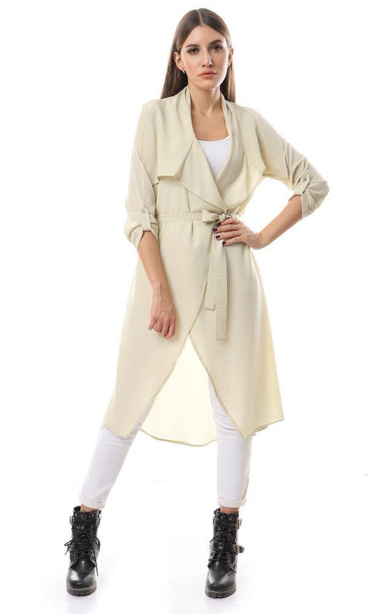 56516 Simple Solid Open Neckline Beige Cardigan - Ravin 