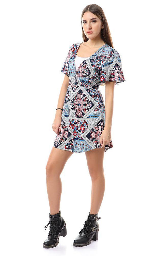 56521 Elastic Waist Deep & Wide V-neck Short Dress - Multicolour - Ravin 