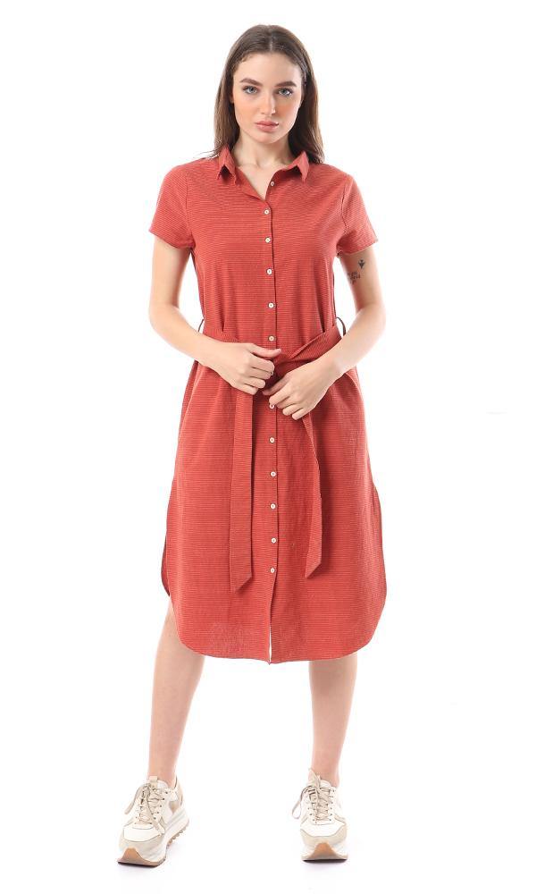 56524 Short Sleeves Buttoned Shirt Dress - Burnt Orange - Ravin 