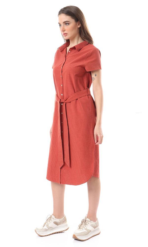 56524 Short Sleeves Buttoned Shirt Dress - Burnt Orange - Ravin 