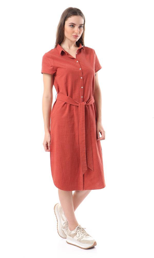 56524 Short Sleeves Buttoned Shirt Dress - Burnt Orange - Ravin 