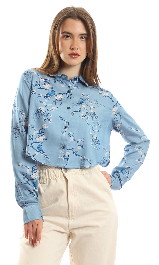 56541 Floral Full Sleeves Cropped Shirt - Baby Blue