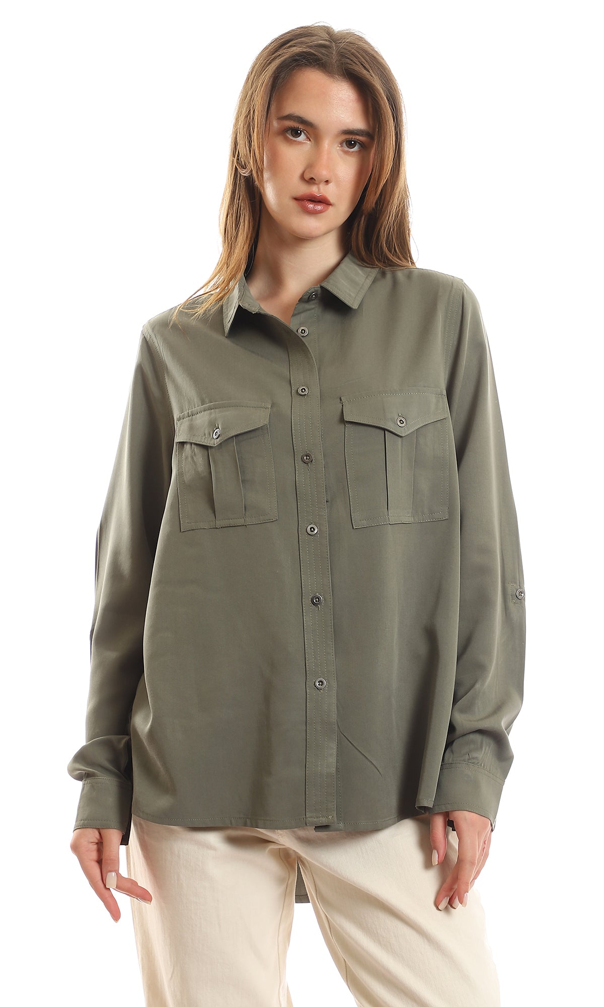 56545 Chest Flap Pockets Cotton Buttoned Olive Shirt