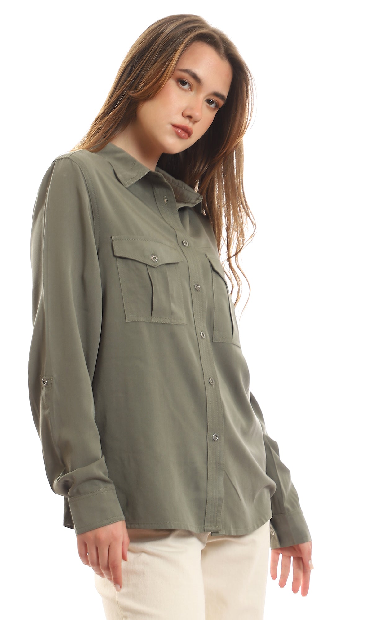 56545 Chest Flap Pockets Cotton Buttoned Olive Shirt