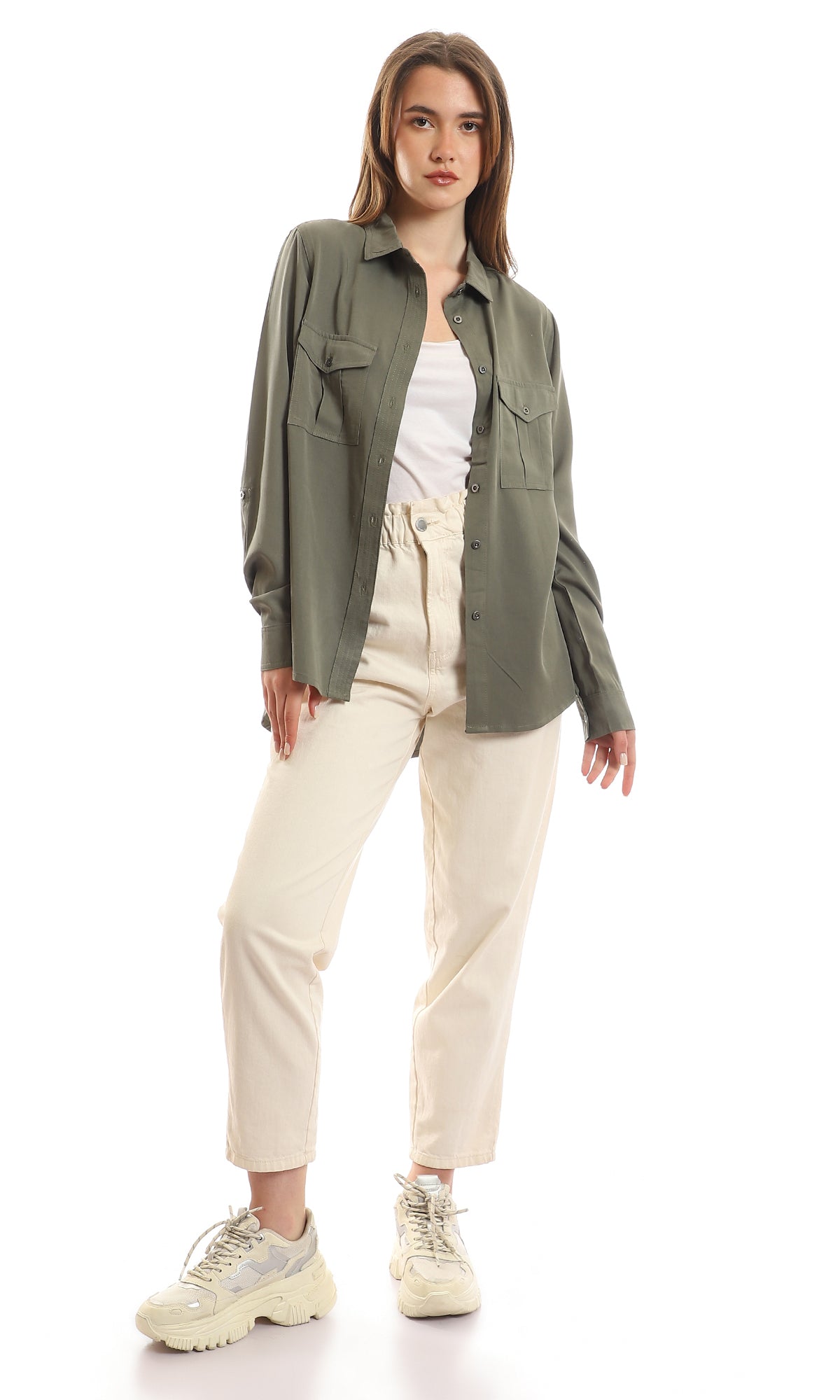 56545 Chest Flap Pockets Cotton Buttoned Olive Shirt