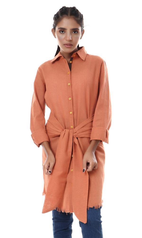 56549 Distressed Trim Full Sleeves Long Shirt - Burnt Orange - Ravin 