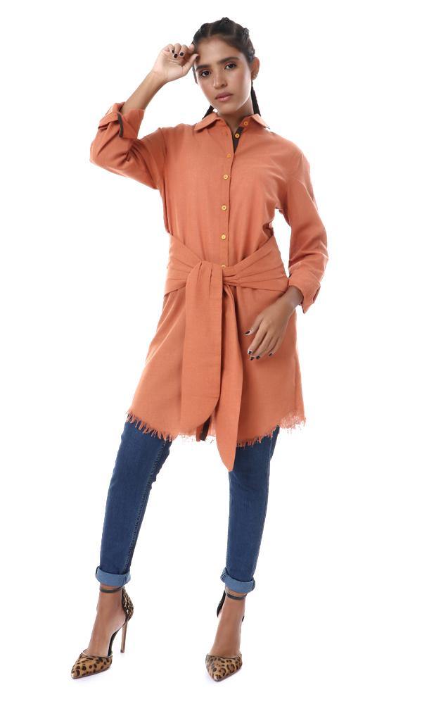 56549 Distressed Trim Full Sleeves Long Shirt - Burnt Orange - Ravin 