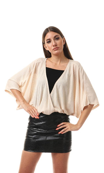 56552 Elastic Hem Semi-Sheer Ribbed Top - Beige - Ravin 