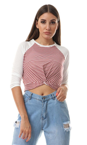 56560 Reversible Front Twist Striped Cropped Top - Brick Red & White - Ravin 