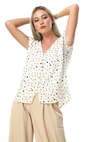 56568 Dotted V-Neck Sleeveless Blouse - Off White - Ravin 