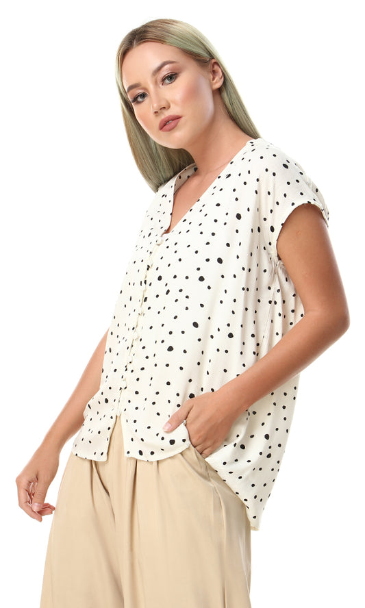 56568 Dotted V-Neck Sleeveless Blouse - Off White - Ravin 