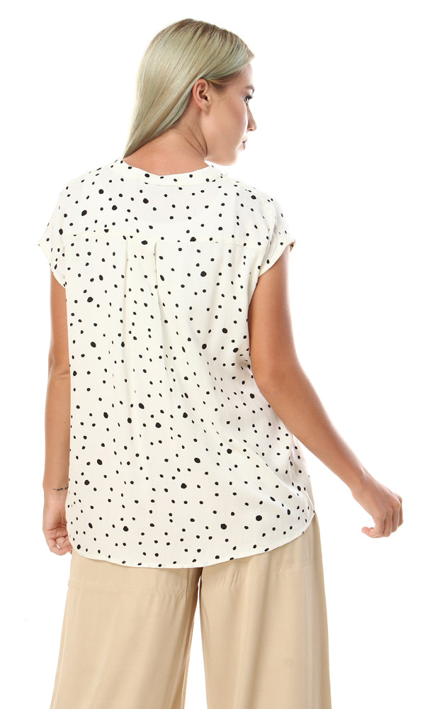 56568 Dotted V-Neck Sleeveless Blouse - Off White - Ravin 