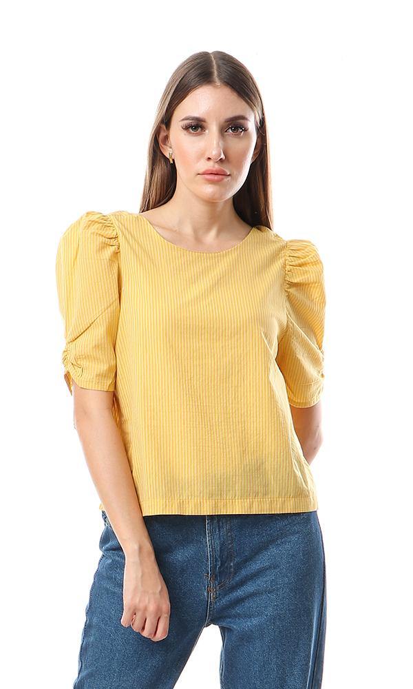 56571 Puffed Short Sleeves Striped Mustard Blouse - Ravin 