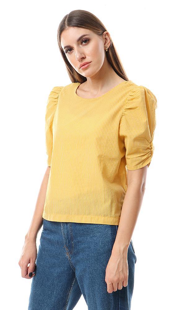 56571 Puffed Short Sleeves Striped Mustard Blouse - Ravin 