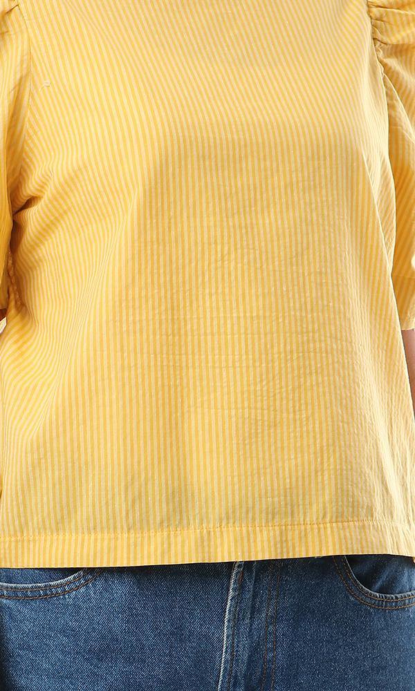 56571 Puffed Short Sleeves Striped Mustard Blouse - Ravin 