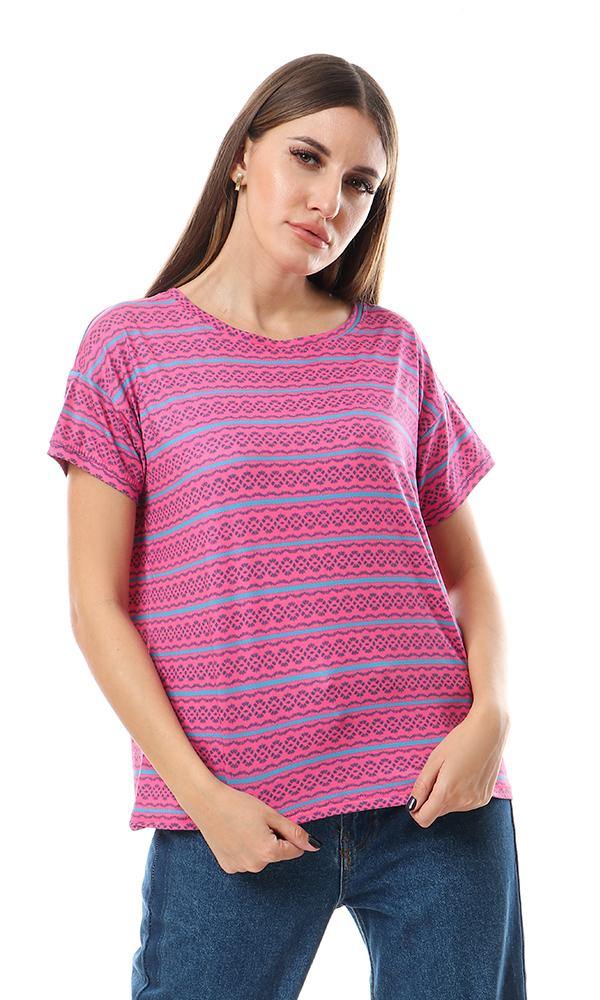 56575 Casual Patterned Short Sleeves Loose Top - Fuchsia - Ravin 