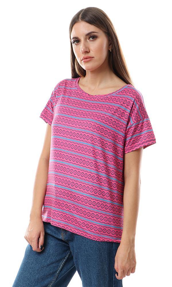 56575 Casual Patterned Short Sleeves Loose Top - Fuchsia - Ravin 