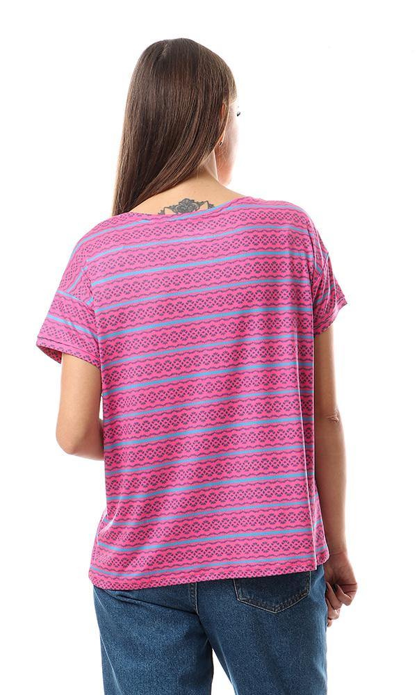 56575 Casual Patterned Short Sleeves Loose Top - Fuchsia - Ravin 