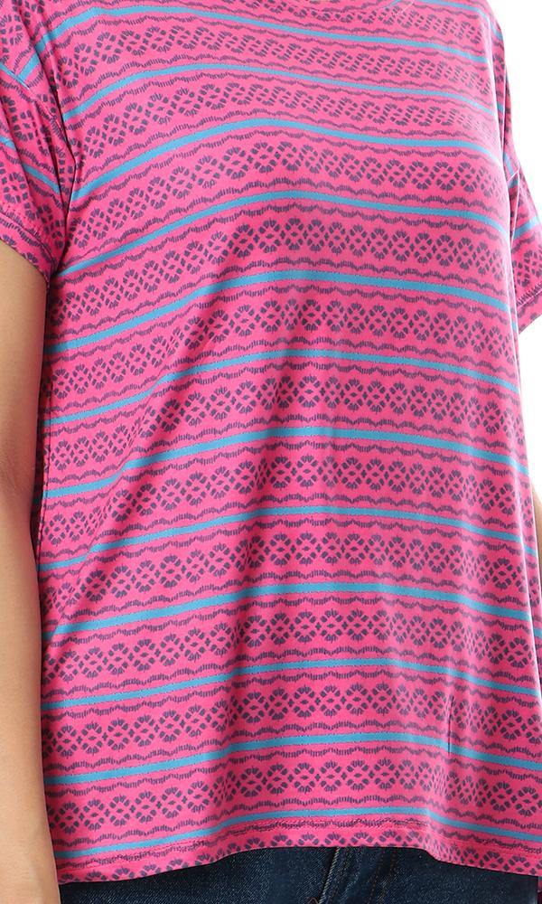 56575 Casual Patterned Short Sleeves Loose Top - Fuchsia - Ravin 