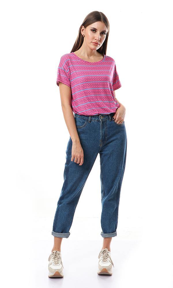 56575 Casual Patterned Short Sleeves Loose Top - Fuchsia - Ravin 