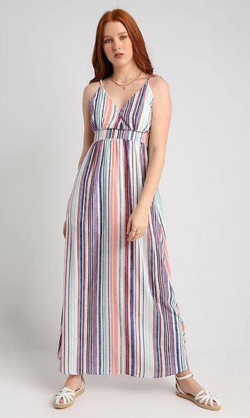 56601 Spaghetti Sleeves Colorful Striped Maxi Dress - Ravin 