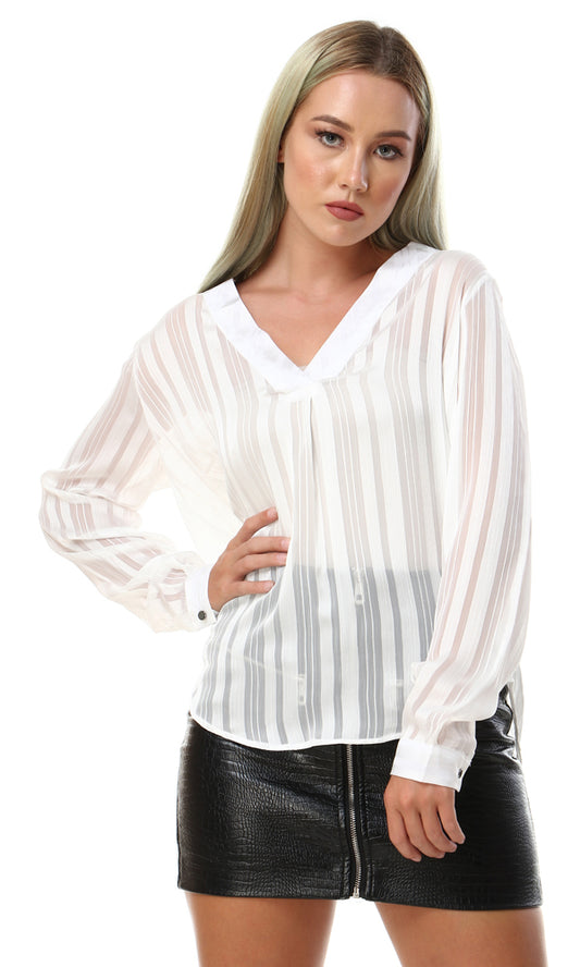 56614 Chiffon Striped V-Neck Blouse - White - Ravin 