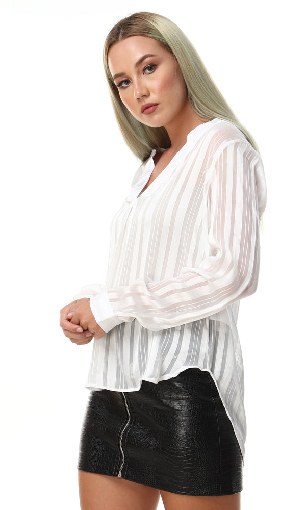 56614 Chiffon Striped V-Neck Blouse - White - Ravin 