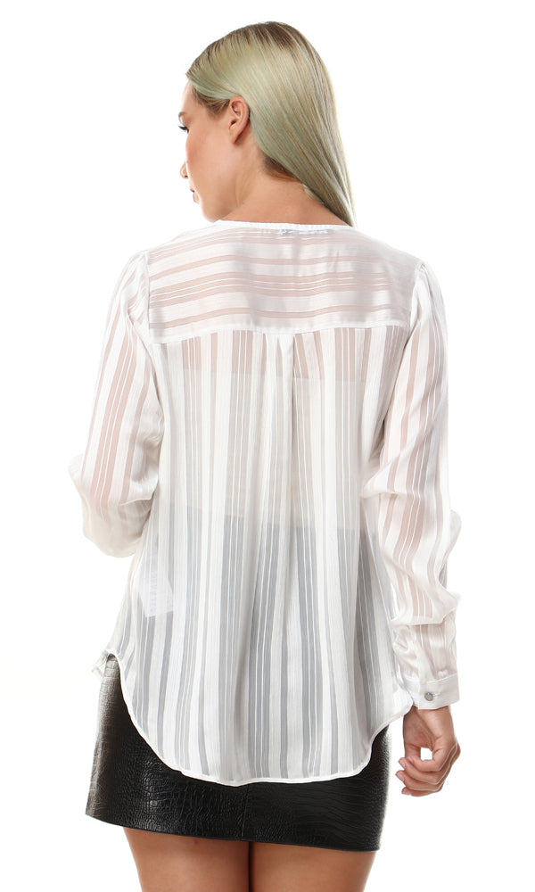 56614 Chiffon Striped V-Neck Blouse - White - Ravin 