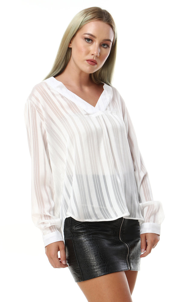 56614 Chiffon Striped V-Neck Blouse - White - Ravin 