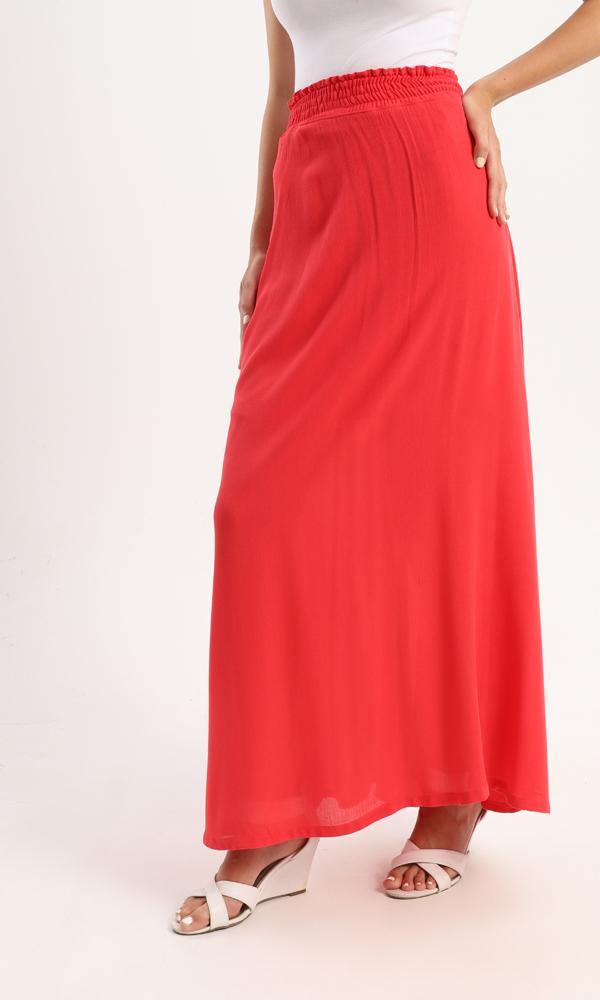 56620 Elastic Waist Slip On Fluffy Maxi Skirt - Red - Ravin 