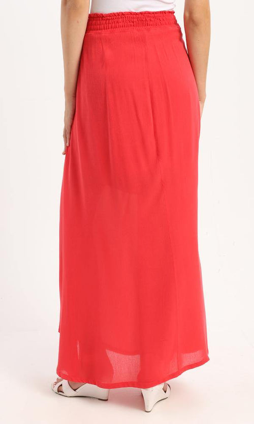 56620 Elastic Waist Slip On Fluffy Maxi Skirt - Red - Ravin 